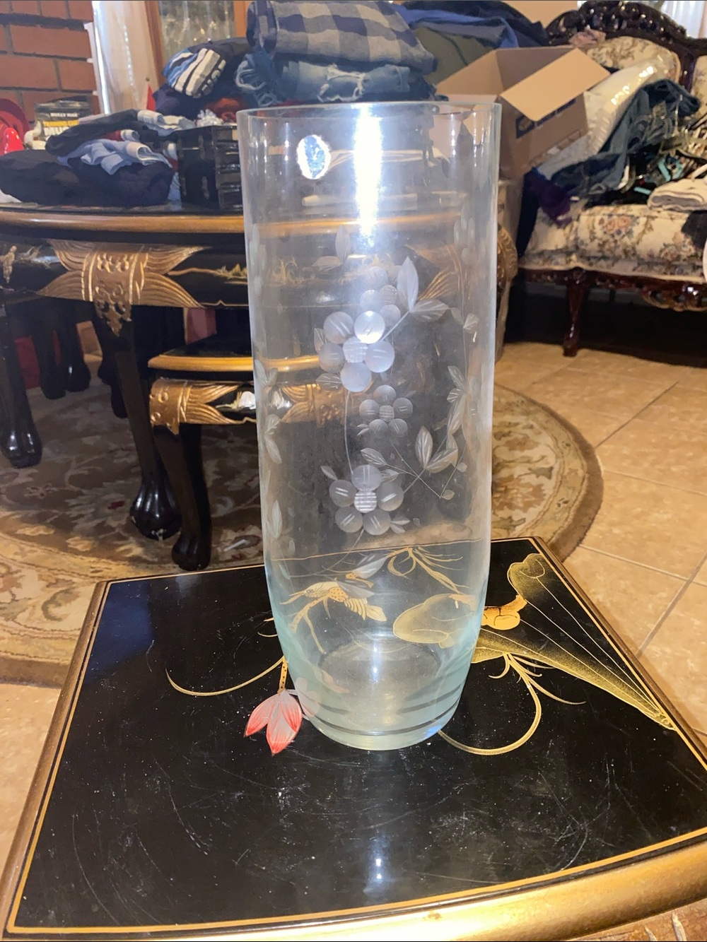Etched Clear Glass Floral Cylinder Vase - Clear